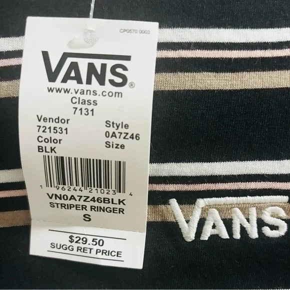 Vans Striped Ringer Tee Shirt Small Black NWT Logo Casual - Picture 5 of 5